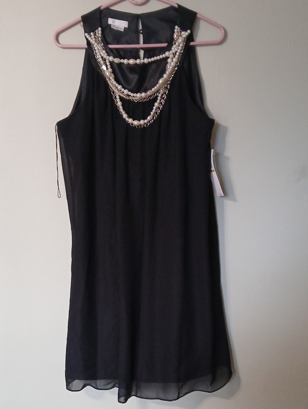 London Times Black Dress with Pearl & Chain Neckline Size 14